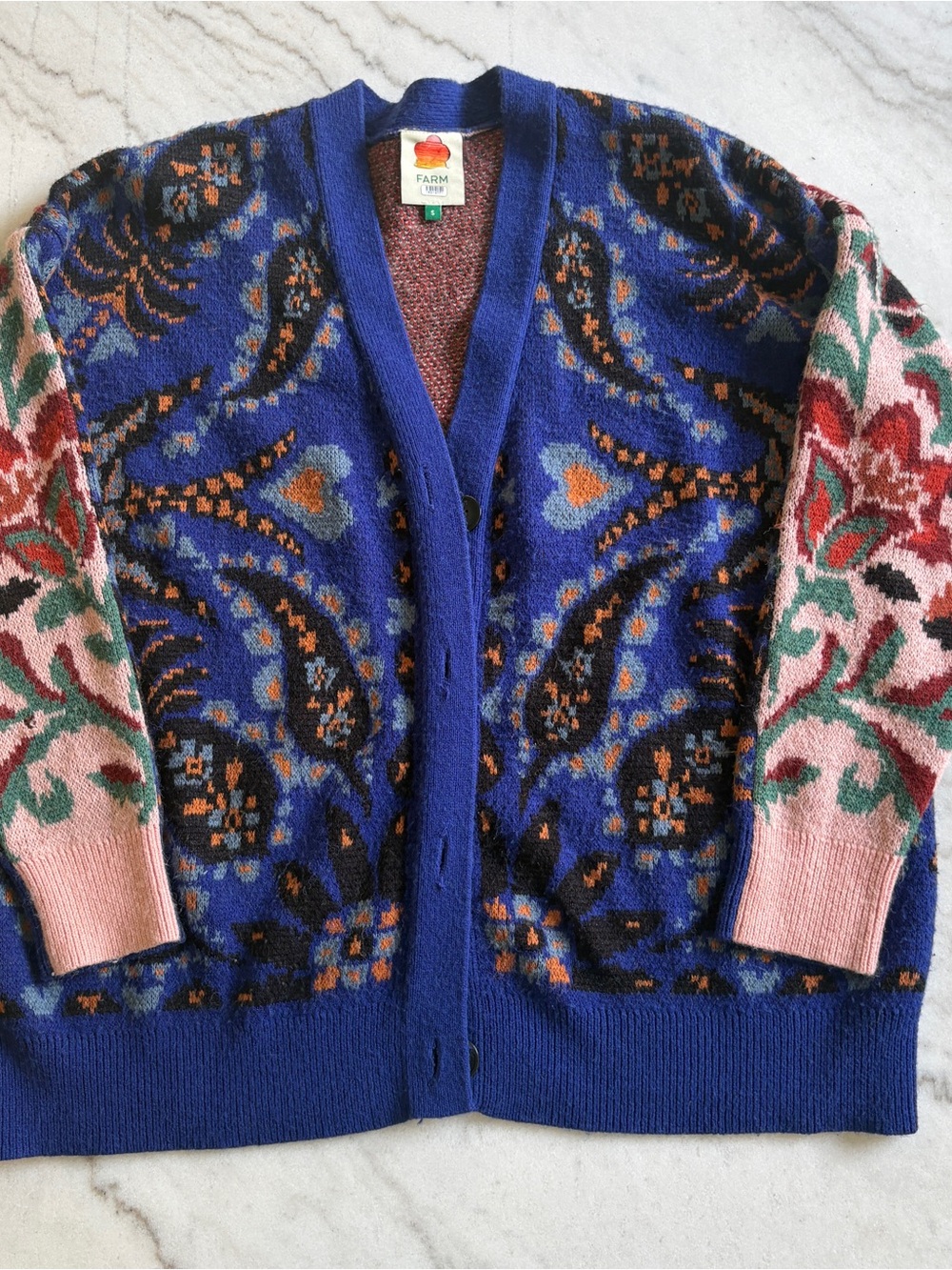 FARM Rio Blue Paisley & Floral Intarsia Cardigan